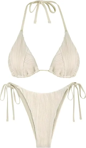 ZAFUL Bikini Sets for Women Halter Two Piece Swimsuit Ribbed High Cut Tie Side Thong Bathing Suit Sexy Padded Swimwear