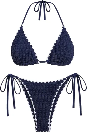 ZAFUL Bikini Sets for Women Halter Two Piece Swimsuit Ribbed High Cut Tie Side Thong Bathing Suit Sexy Padded Swimwear