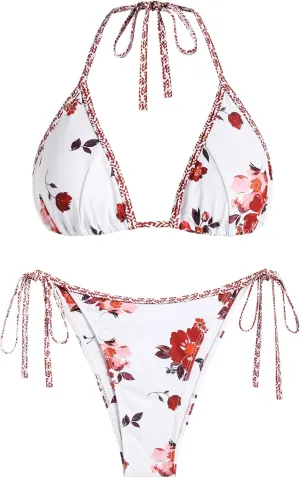 ZAFUL Bikini Sets for Women Halter Two Piece Swimsuit Ribbed High Cut Tie Side Thong Bathing Suit Sexy Padded Swimwear