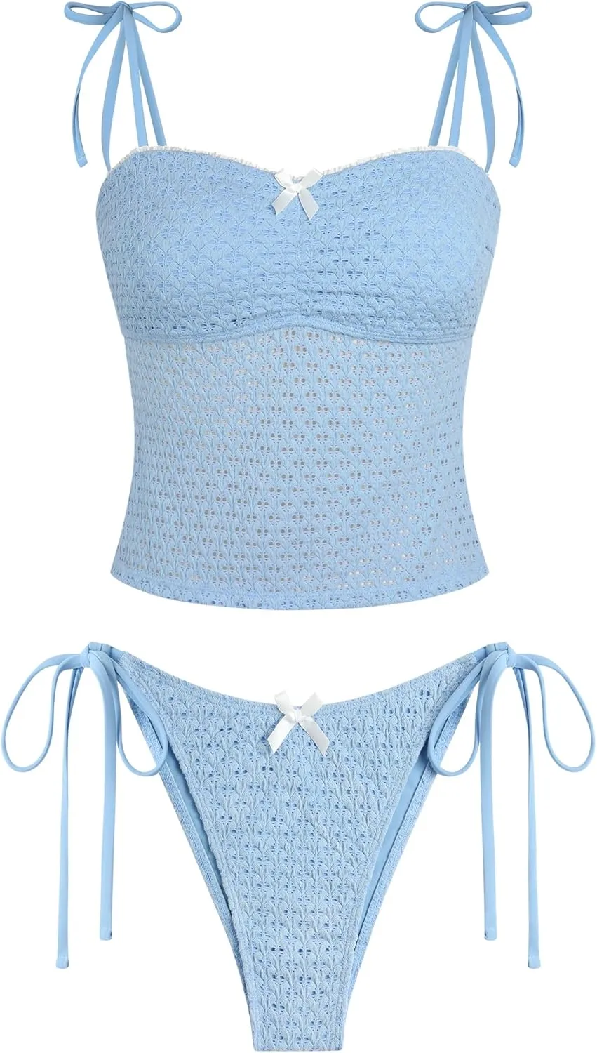 ZAFUL Tankini Swimsuits for Women Mesh Hollow-Out Tank Style Bow Knotted Decor Tie Side High Cut Tankini Set