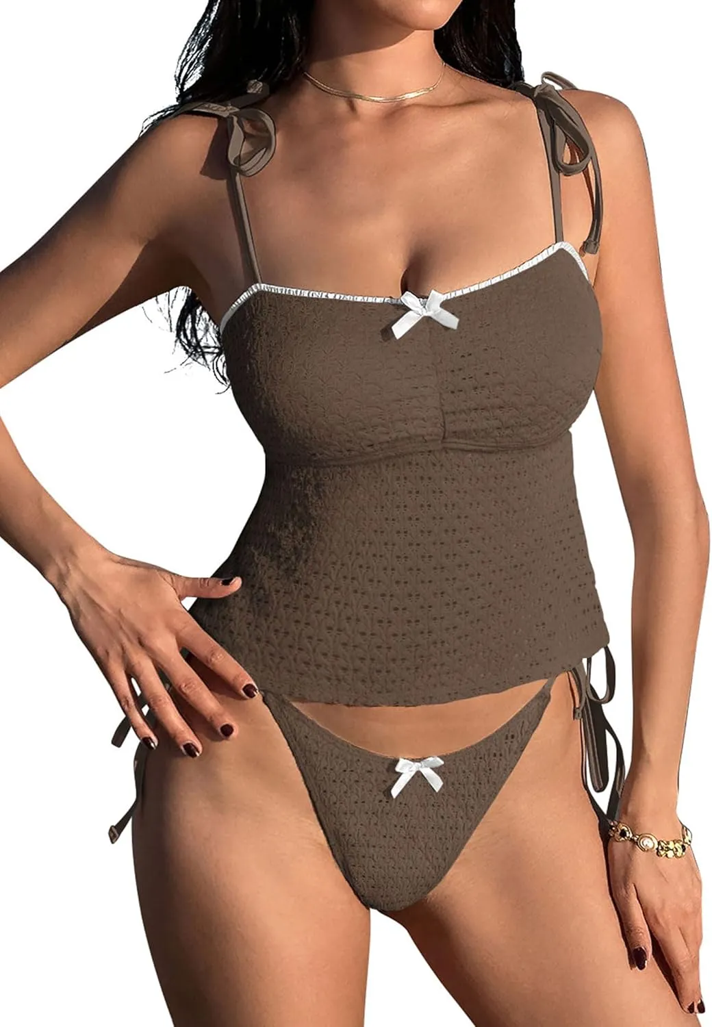 ZAFUL Tankini Swimsuits for Women Mesh Hollow-Out Tank Style Bow Knotted Decor Tie Side High Cut Tankini Set