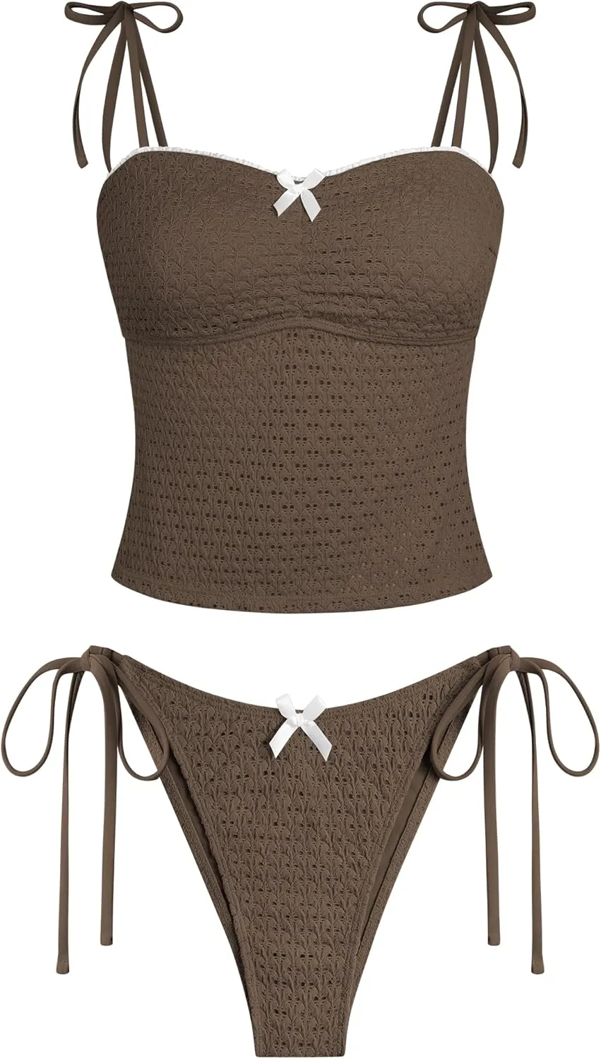 ZAFUL Tankini Swimsuits for Women Mesh Hollow-Out Tank Style Bow Knotted Decor Tie Side High Cut Tankini Set