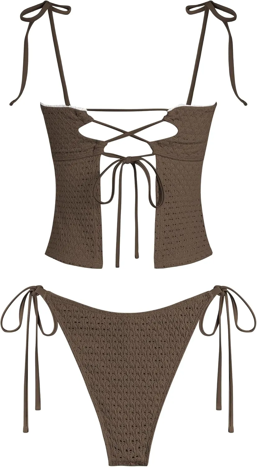 ZAFUL Tankini Swimsuits for Women Mesh Hollow-Out Tank Style Bow Knotted Decor Tie Side High Cut Tankini Set