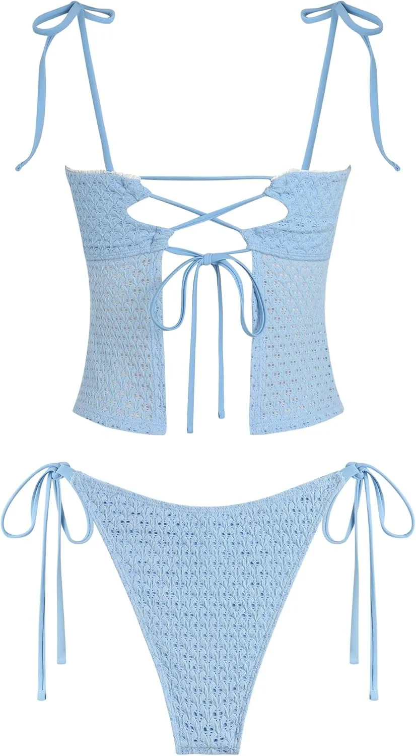 ZAFUL Tankini Swimsuits for Women Mesh Hollow-Out Tank Style Bow Knotted Decor Tie Side High Cut Tankini Set