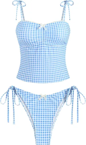 ZAFUL Tankini Swimsuits for Women Mesh Hollow-Out Tank Style Bow Knotted Decor Tie Side High Cut Tankini Set