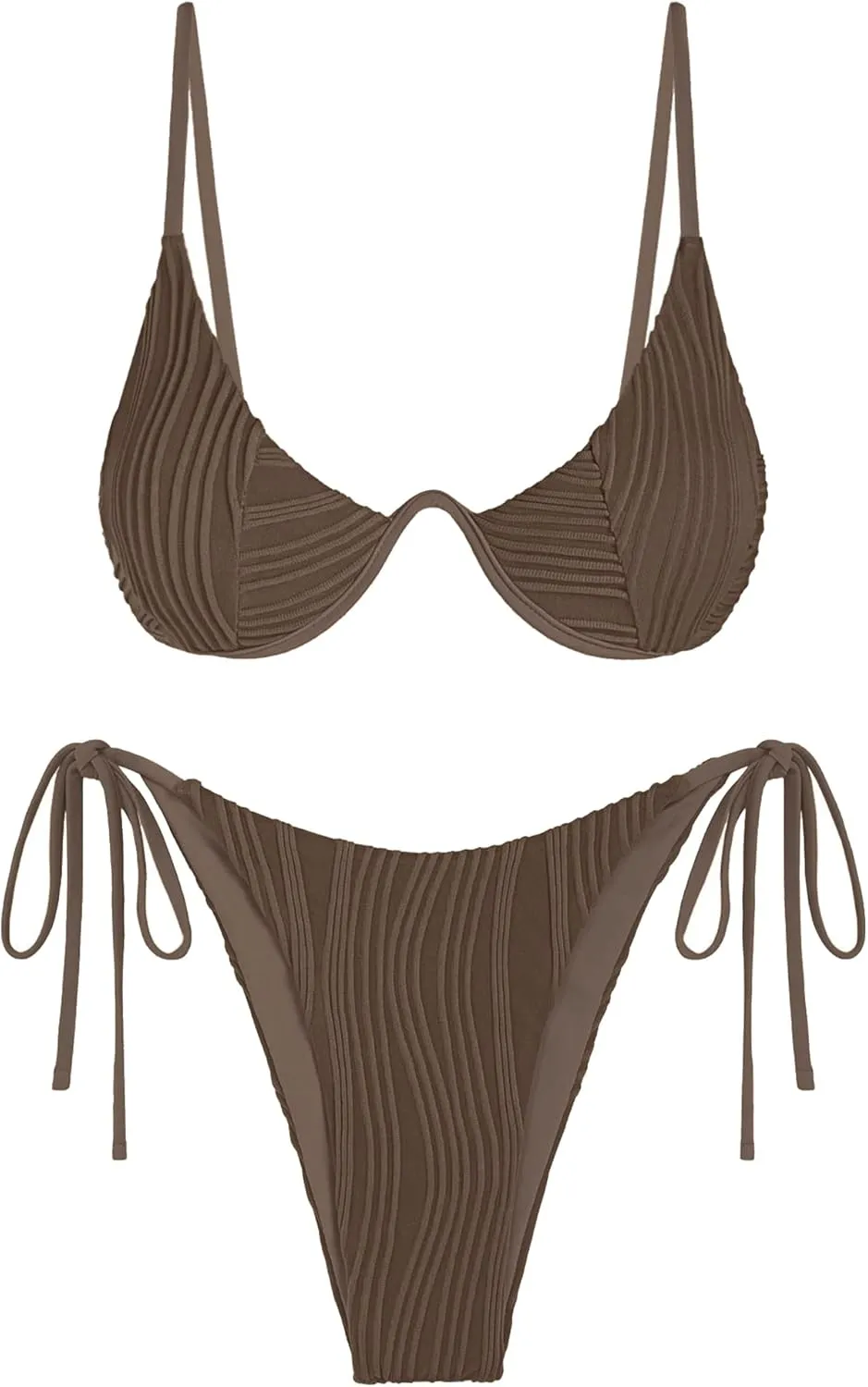ZAFUL Women's Bikini Sets Ribbed Two Piece Swimsuits Underwire Adjustable Back Clasp Bathing Suit Side Tie Thong Swimwear