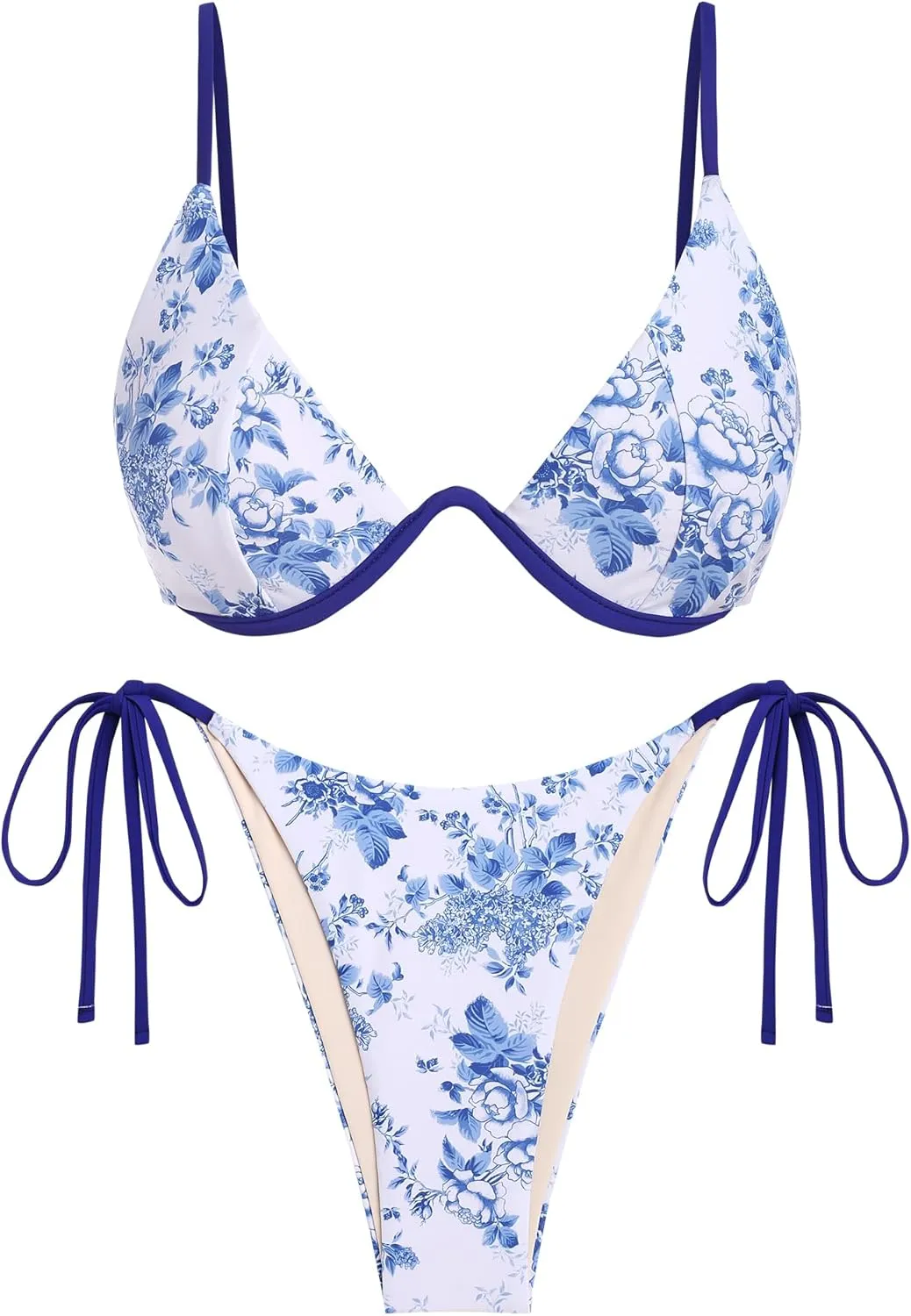 ZAFUL Women's Bikini Sets Ribbed Two Piece Swimsuits Underwire Adjustable Back Clasp Bathing Suit Side Tie Thong Swimwear