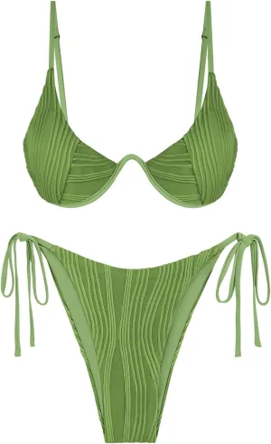 ZAFUL Women's Bikini Sets Ribbed Two Piece Swimsuits Underwire Adjustable Back Clasp Bathing Suit Side Tie Thong Swimwear