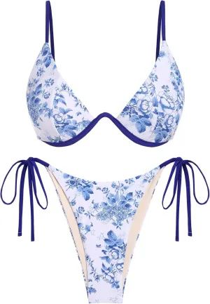 ZAFUL Women's Bikini Sets Ribbed Two Piece Swimsuits Underwire Adjustable Back Clasp Bathing Suit Side Tie Thong Swimwear