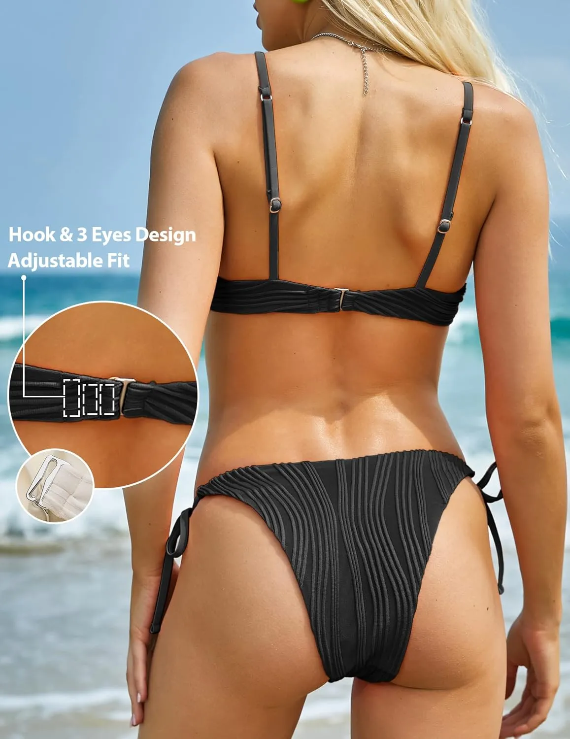 ZAFUL Women's Bikini Sets Ribbed Two Piece Swimsuits Underwire Adjustable Back Clasp Bathing Suit Side Tie Thong Swimwear