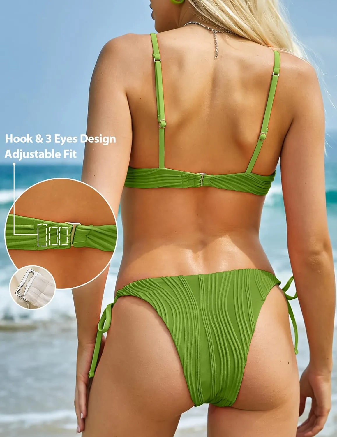 ZAFUL Women's Bikini Sets Ribbed Two Piece Swimsuits Underwire Adjustable Back Clasp Bathing Suit Side Tie Thong Swimwear