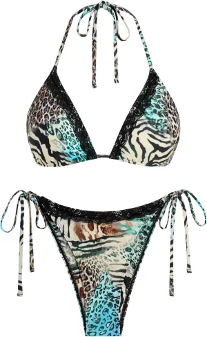 ZAFUL Women's Sexy Halter Bikini Sets Bow Decor Tiny Floral Print Bikini Swimsuits Tie Side Triangle Bathing Suits