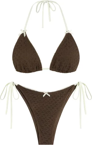 ZAFUL Women's Sexy Halter Bikini Sets Bow Decor Tiny Floral Print Bikini Swimsuits Tie Side Triangle Bathing Suits