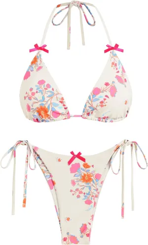 ZAFUL Women's Sexy Halter Bikini Sets Bow Decor Tiny Floral Print Bikini Swimsuits Tie Side Triangle Bathing Suits