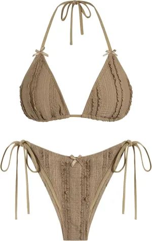 ZAFUL Women's Sexy Halter Bikini Sets Bow Decor Tiny Floral Print Bikini Swimsuits Tie Side Triangle Bathing Suits