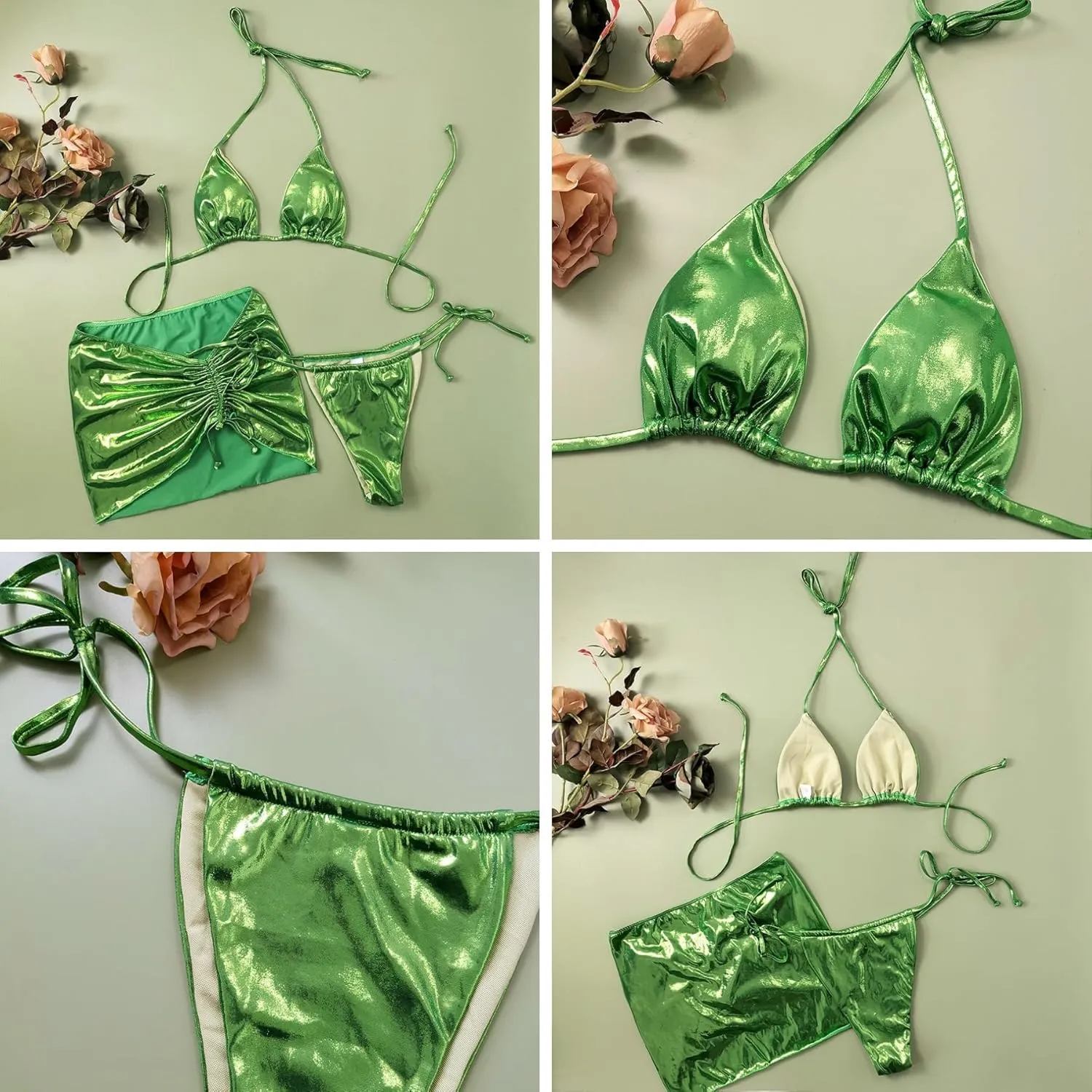 ZGMYC Women's 3 Piece Shiny Metallic Swimsuit Sexy Triangle Bikini Tie Side Thong Festival Outfit with Drawstring Mini Skirt